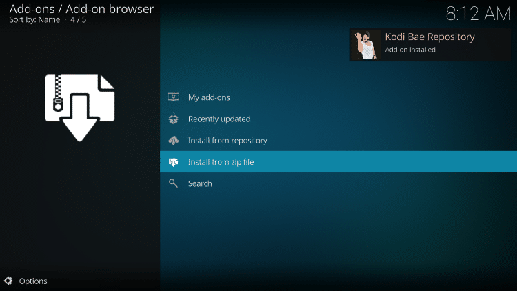 wait for kodi bae add-on installed message to appear